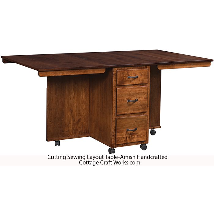 Amish solid wood cutting sewing layout table with fold-out wings