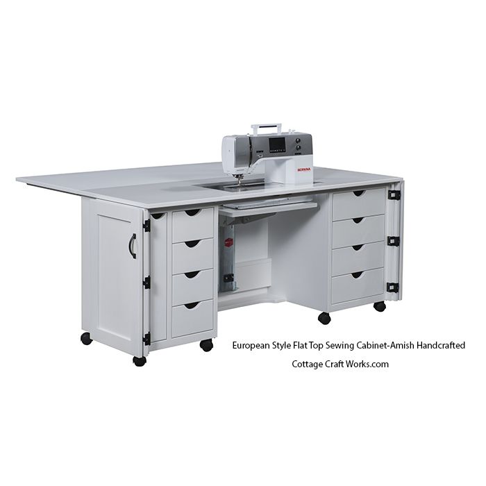 Flat top sewing workstation with flip-up work surface