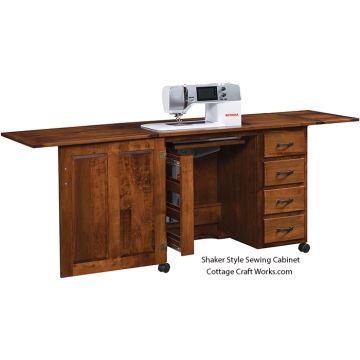 Shaker Style sewing machine cabinet open workspace with sewing machine