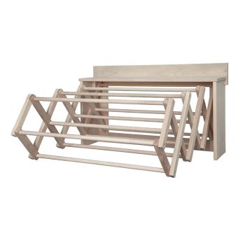 Amish made wooden wall-mounted accordion clothes drying rack extended