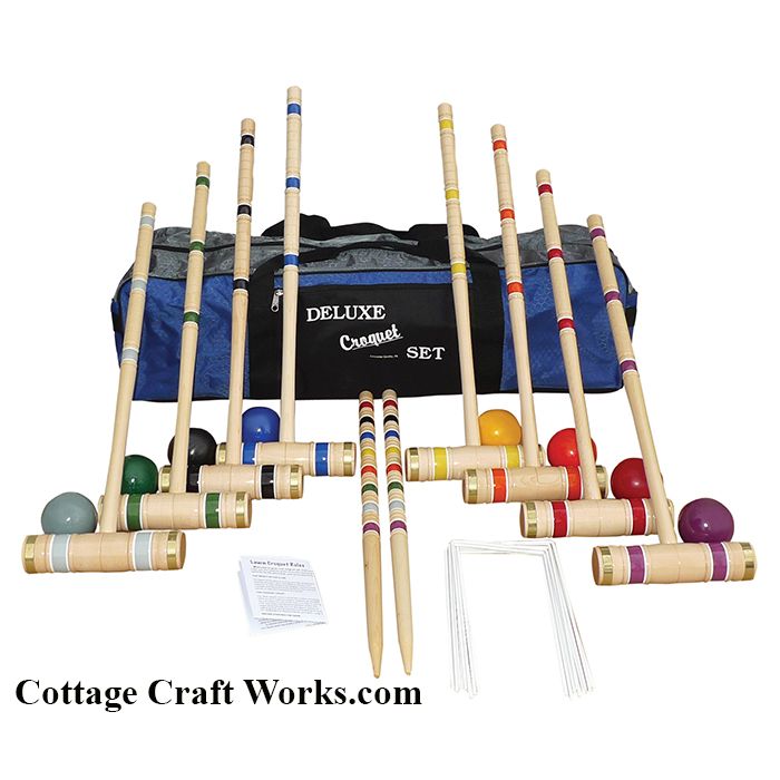 Amish handcrafted wooden croquet set with hardwood mallets, metal wickets, and carrying bag”