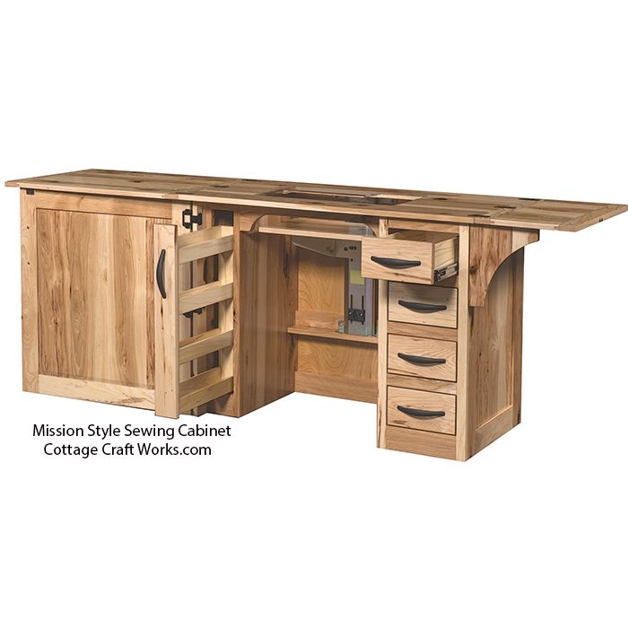 Mission Style Sewing Cabinet open with sewing machine and spool rack