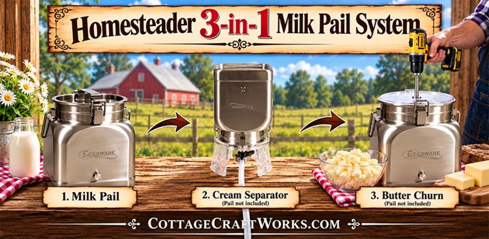 Homesteader 3-in-1 Milk Pail System – Milk, Separate Cream & Make Butter