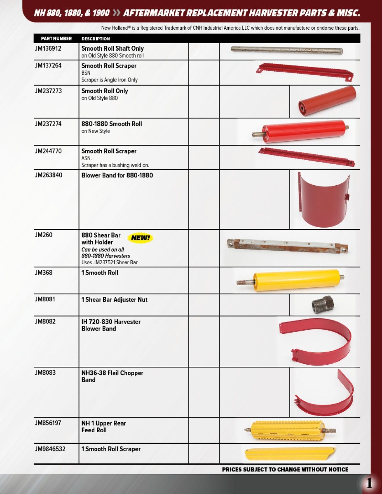 NH 880, 1880, 1900, Harvester Parts