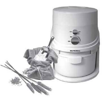 “NutriMill grain grinder mill — electric model front view with 20-cup hopper”