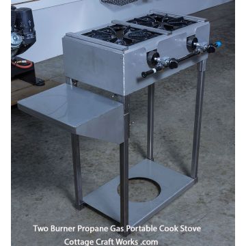 Professional 2-burner LP gas portable cook stove with collapsible stainless stand, side shelf, and rack for 40-lb propane tank